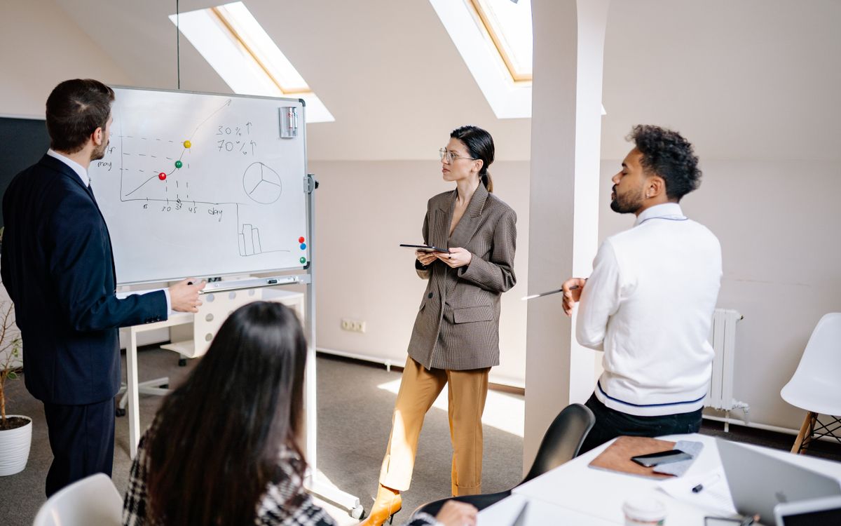 Executive team reviewing strategy and planning charts in a meeting room